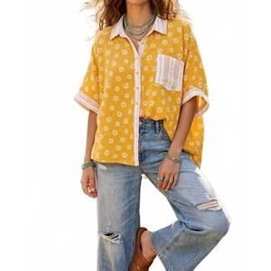 NEW SURELYMINE sunny vintage relaxed boho button down blouse top in yellow